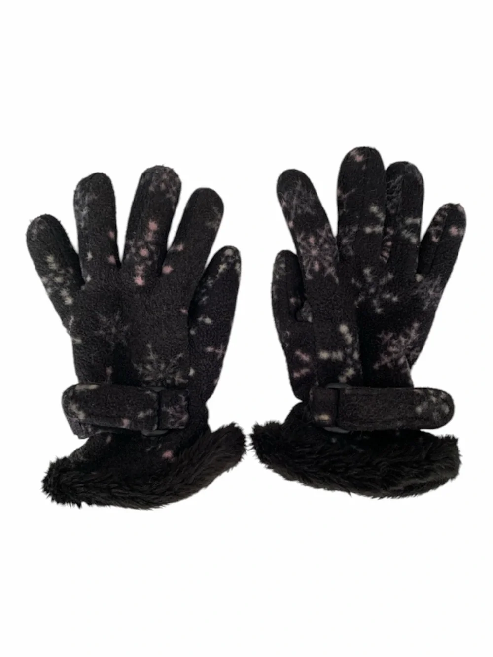 Faded Glory Fleece Faux Fur Gloves Girls L Black Pink White Adjustable Snowflake